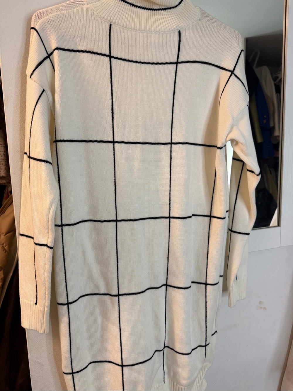Cream Windowpane Long Knit Sweater Dress
